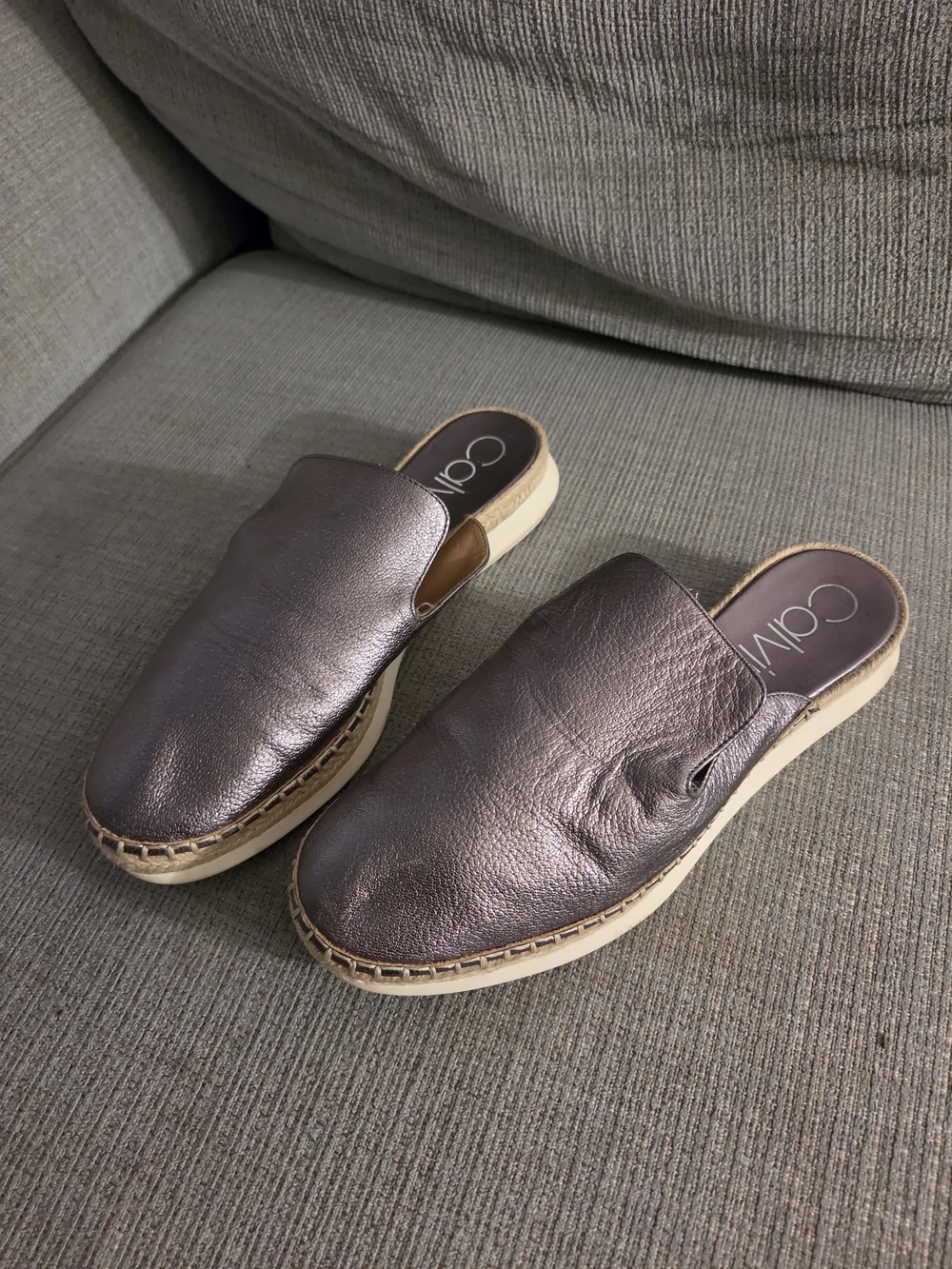 Calvin Klein Metallic Taupe Leather Slip-On Mules